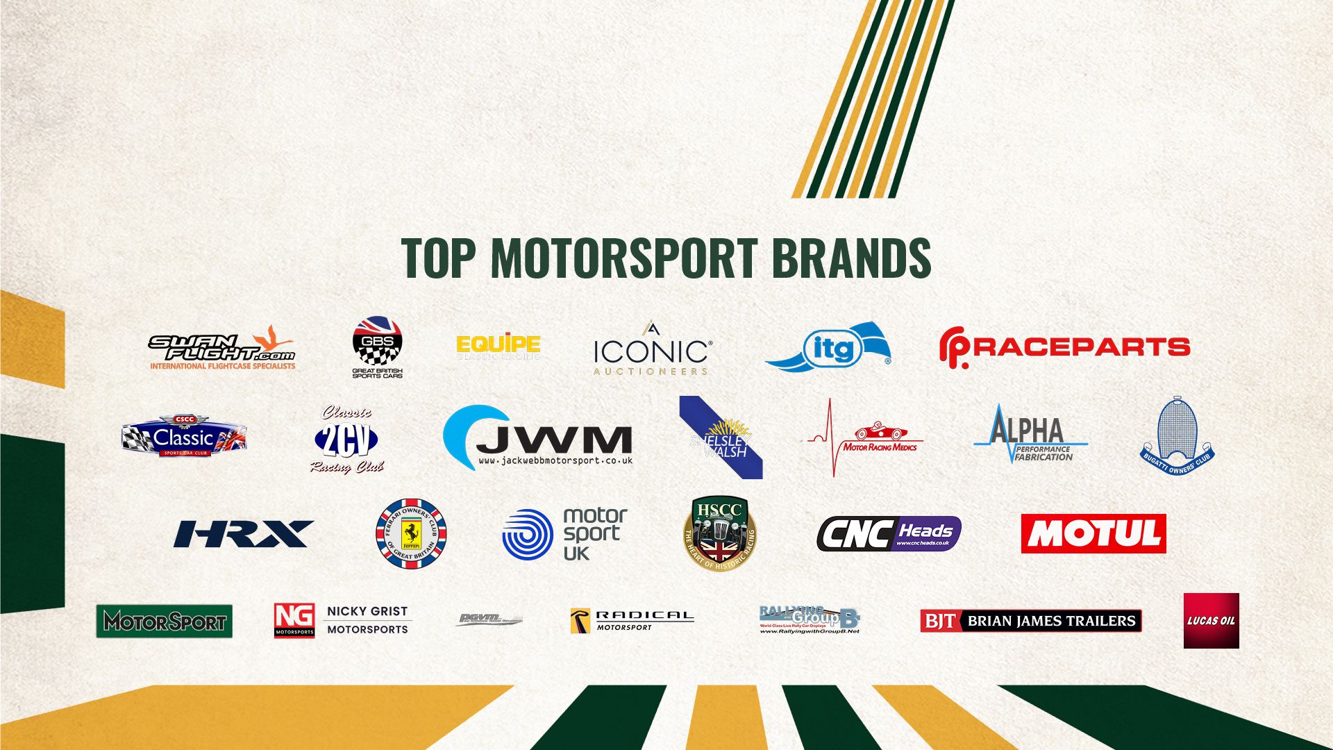 Logos of leading motorsport industry brands and partners including Motul, Iconic Auctioneers, and Motor Sport UK.
