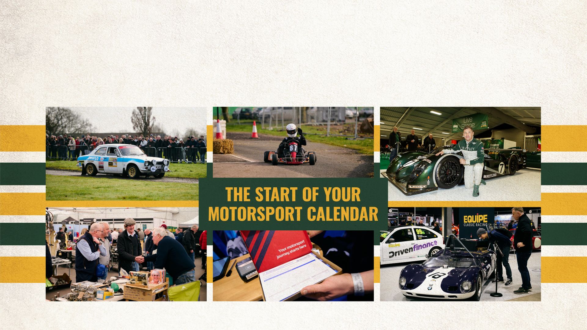 Collage of motorsport event activities including go-karting, technical workshops, and historic racing car displays at Race Retro.