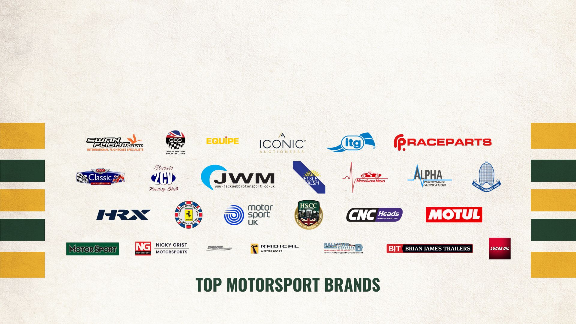 Logos of leading motorsport industry brands and partners including Motul, Iconic Auctioneers, and Motor Sport UK.