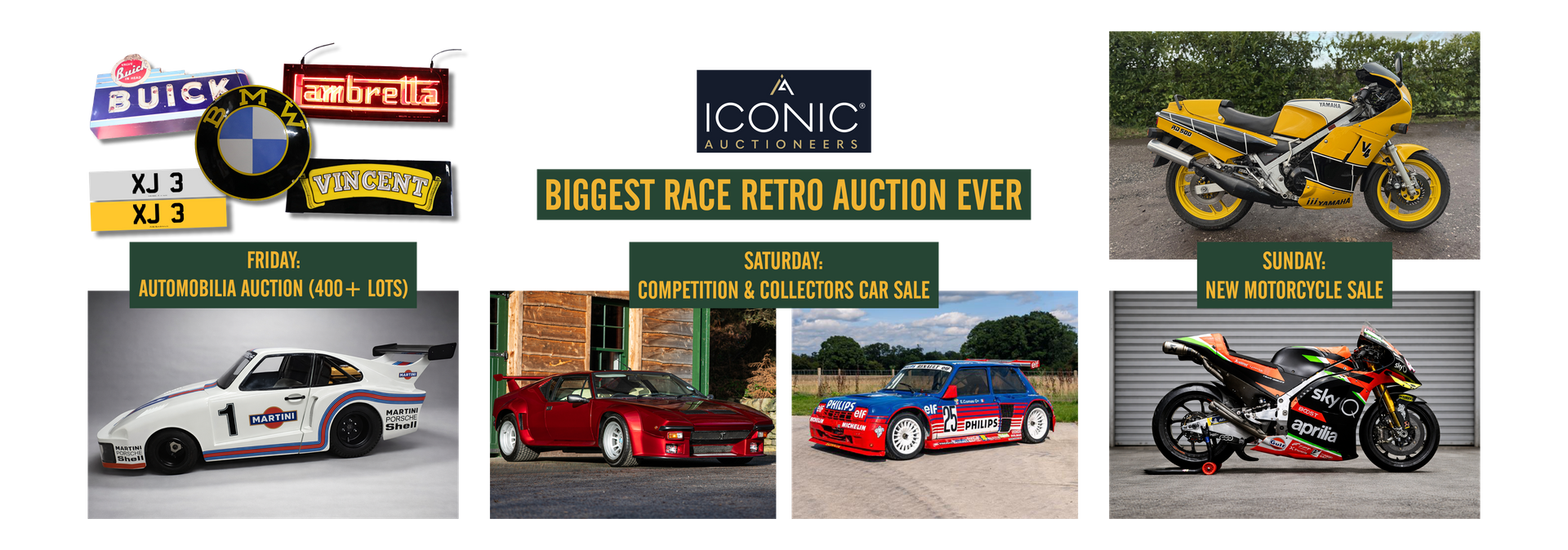 Iconic Auctioneers Race Retro auction schedule featuring Automobilia, Competition and Collectors Car Sale, and Motorcycle Sale.