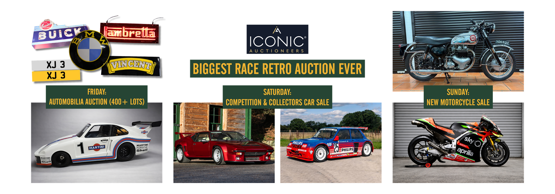 Iconic Auctioneers Race Retro auction schedule featuring Automobilia, Competition and Collectors Car Sale, and Motorcycle Sale.