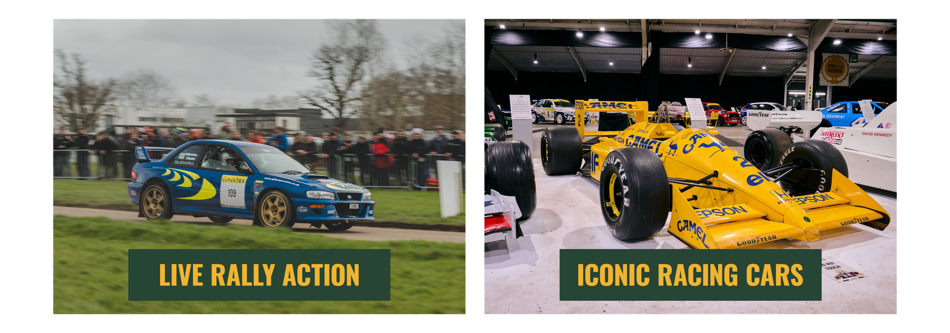 Blue Subaru Impreza rally car drifting at Race Retro Live Rally Stage and yellow Camel Lotus Formula 1 car on display.