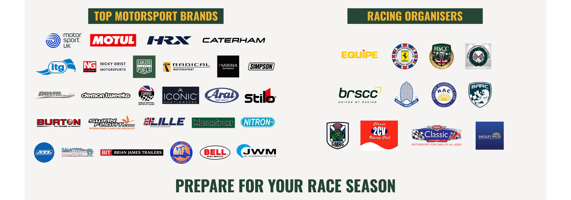 Logos of top motorsport brands and racing organizers including Caterham, Radical, BRSCC, HSCC, Motul, and HRX for race season preparation.