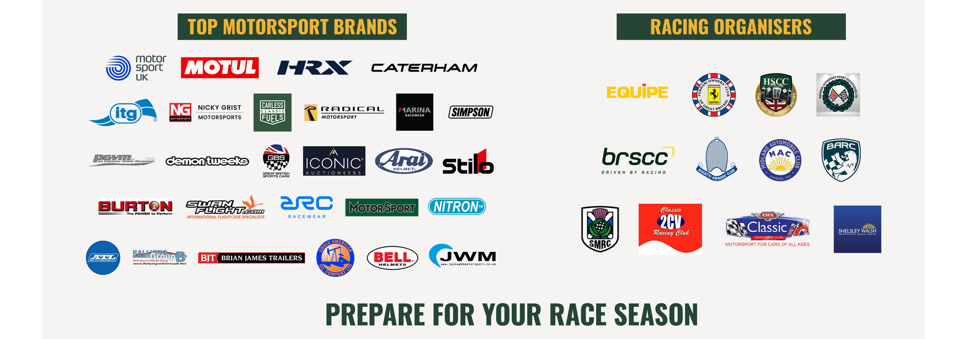 Logos of top motorsport brands and racing organisers including Caterham, Radical, BRSCC, HSCC, Motul, and HRX for race season preparation.