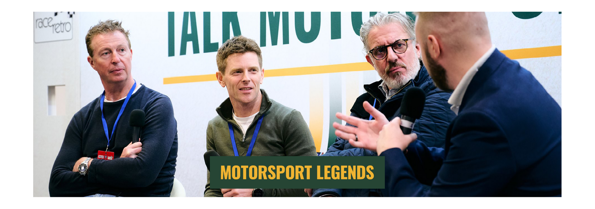 Motorsport legends Ant Davidson, Jason Plato and Matt Neal participating in an interview on the Talk Motorsport stage at Race Retro