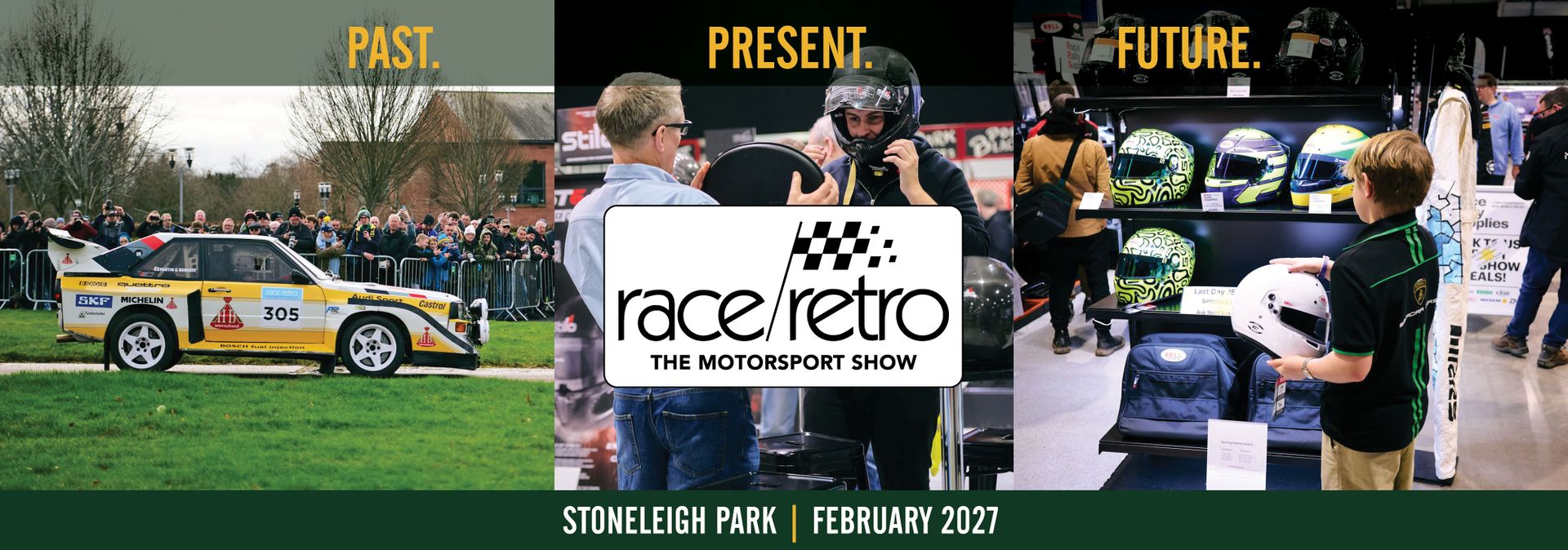 Race Retro The Motorsport Show 2027 event banner announcing dates February 19-21 at Stoneleigh Park, Past, Present and Future of motorsport covered.
