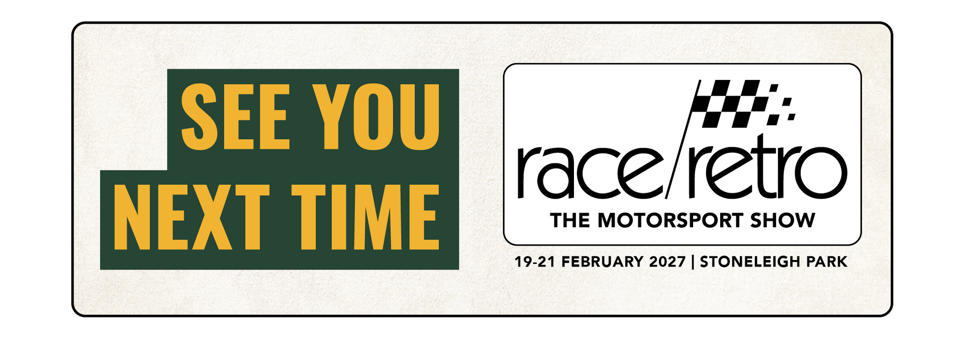 Race Retro 2027 event banner announcing dates February 19-21 at Stoneleigh Park, serving club motorsport.
