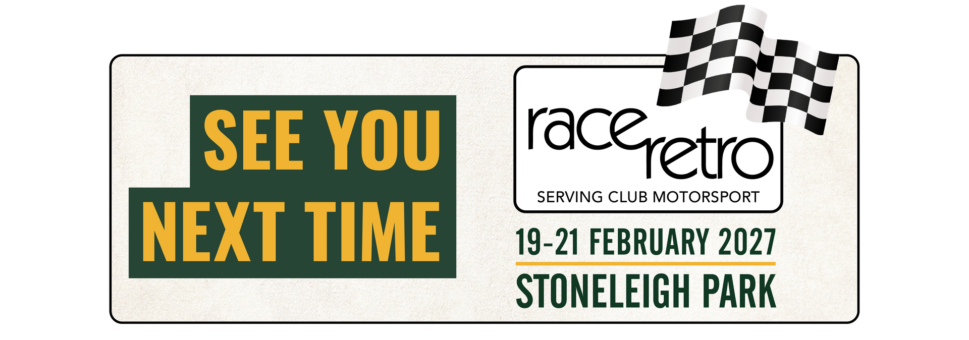 Race Retro 2027 event banner announcing dates February 19-21 at Stoneleigh Park, serving club motorsport.