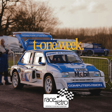 White and blue MG Metro 6R4 Group B rally car with Computervision livery at a Race Retro motorsport event, featuring 't-one week' teaser text.
