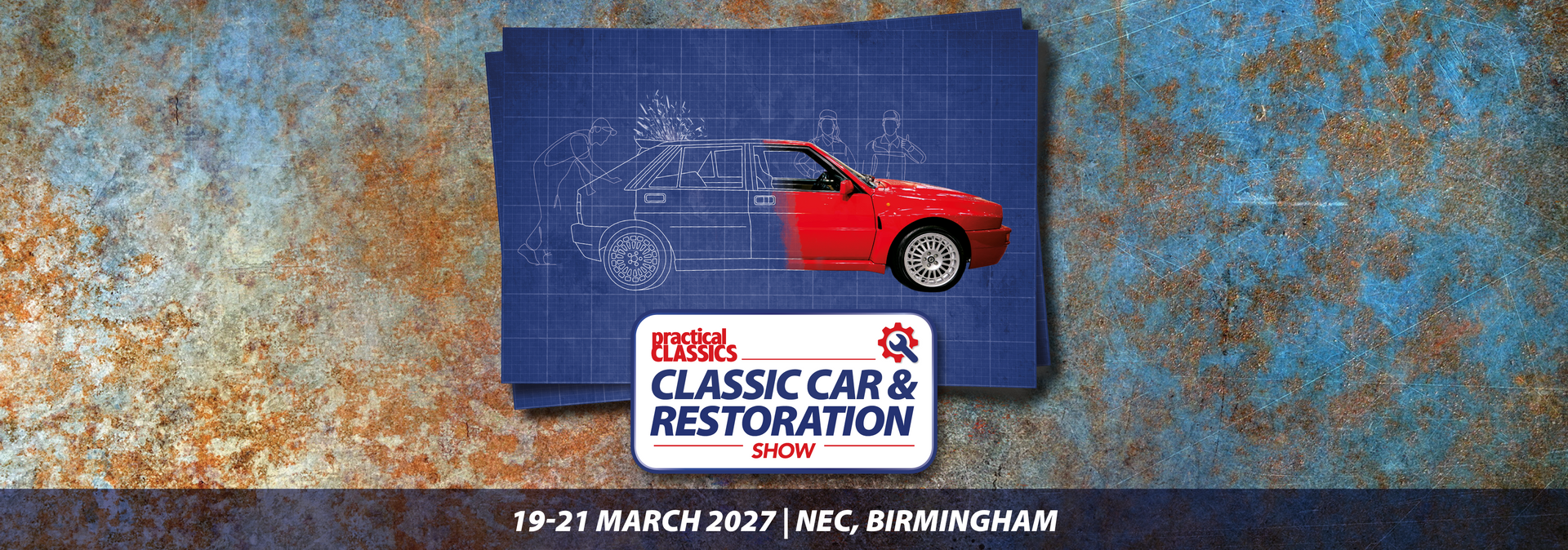 Promotional banner for a classic car restoration show at the NEC Birmingham, 19-21 March 2027, featuring a red Lancia transitioning from a blueprint sketch to a finished vehicle.