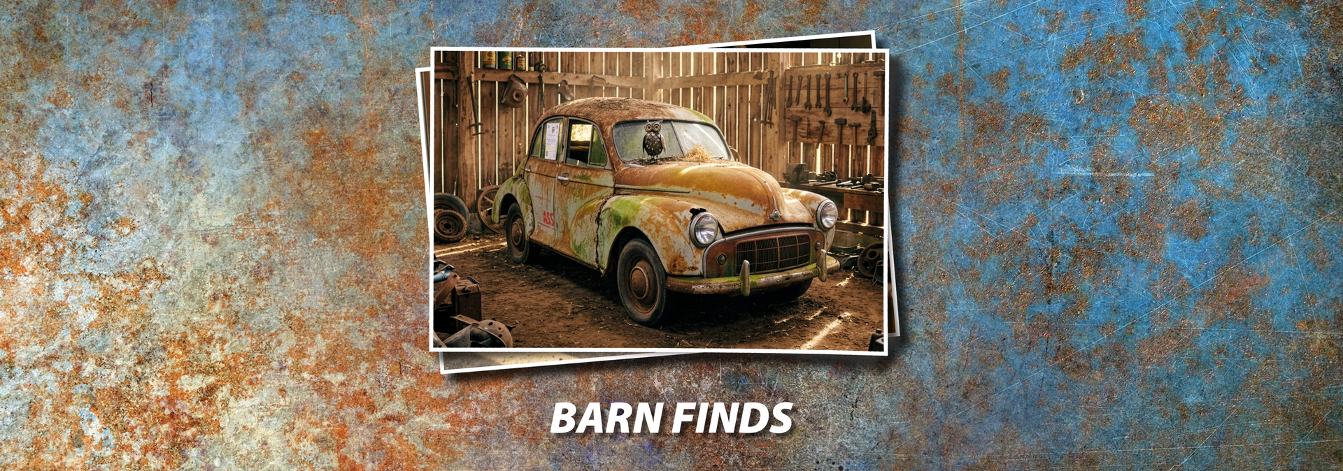 A rusty Morris Minor barn find, in a barn