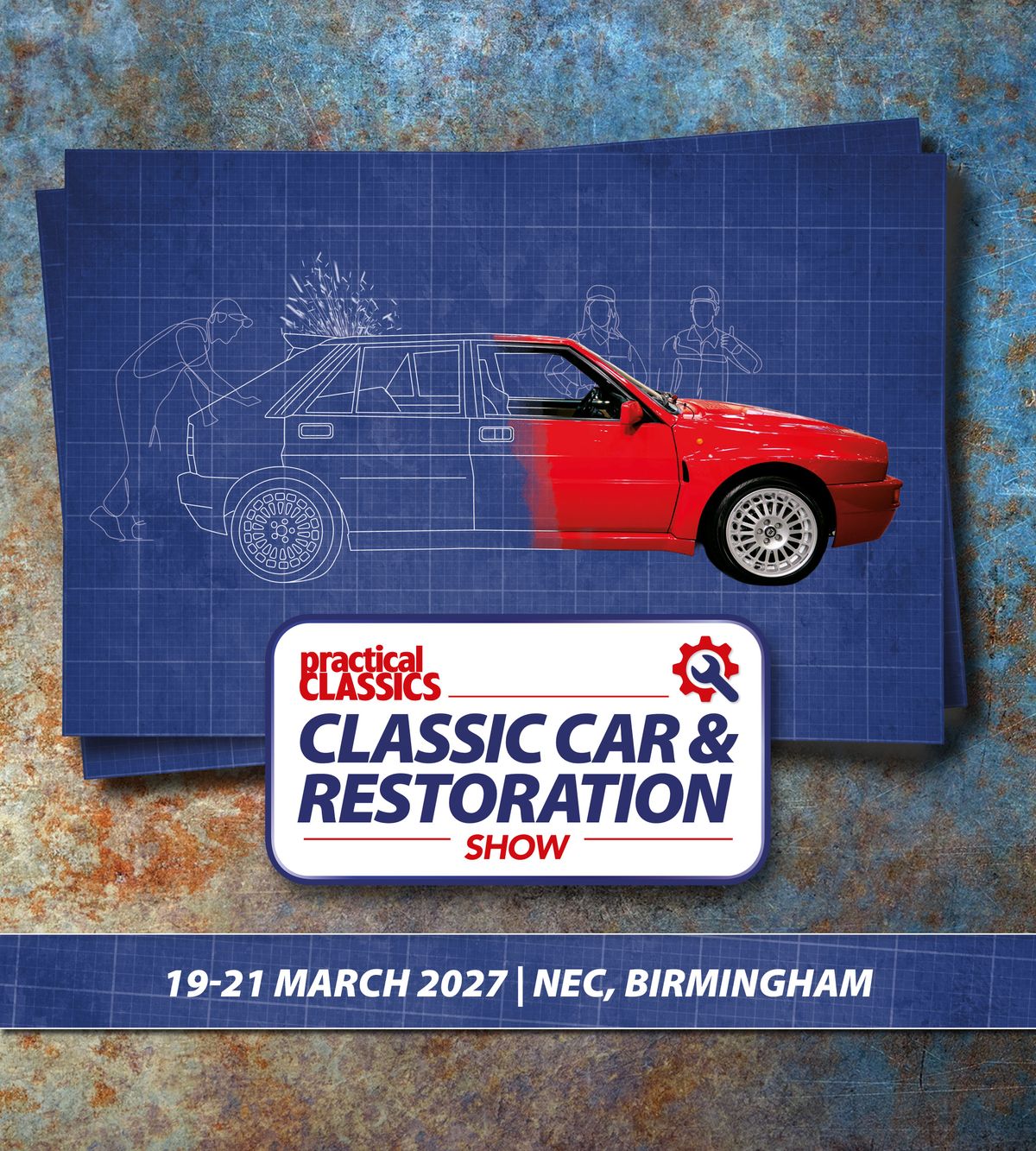 Promotional banner for a classic car restoration show at the NEC Birmingham, 19-21 March 2027, featuring a red Ford Escort transitioning from a blueprint sketch to a finished vehicle.