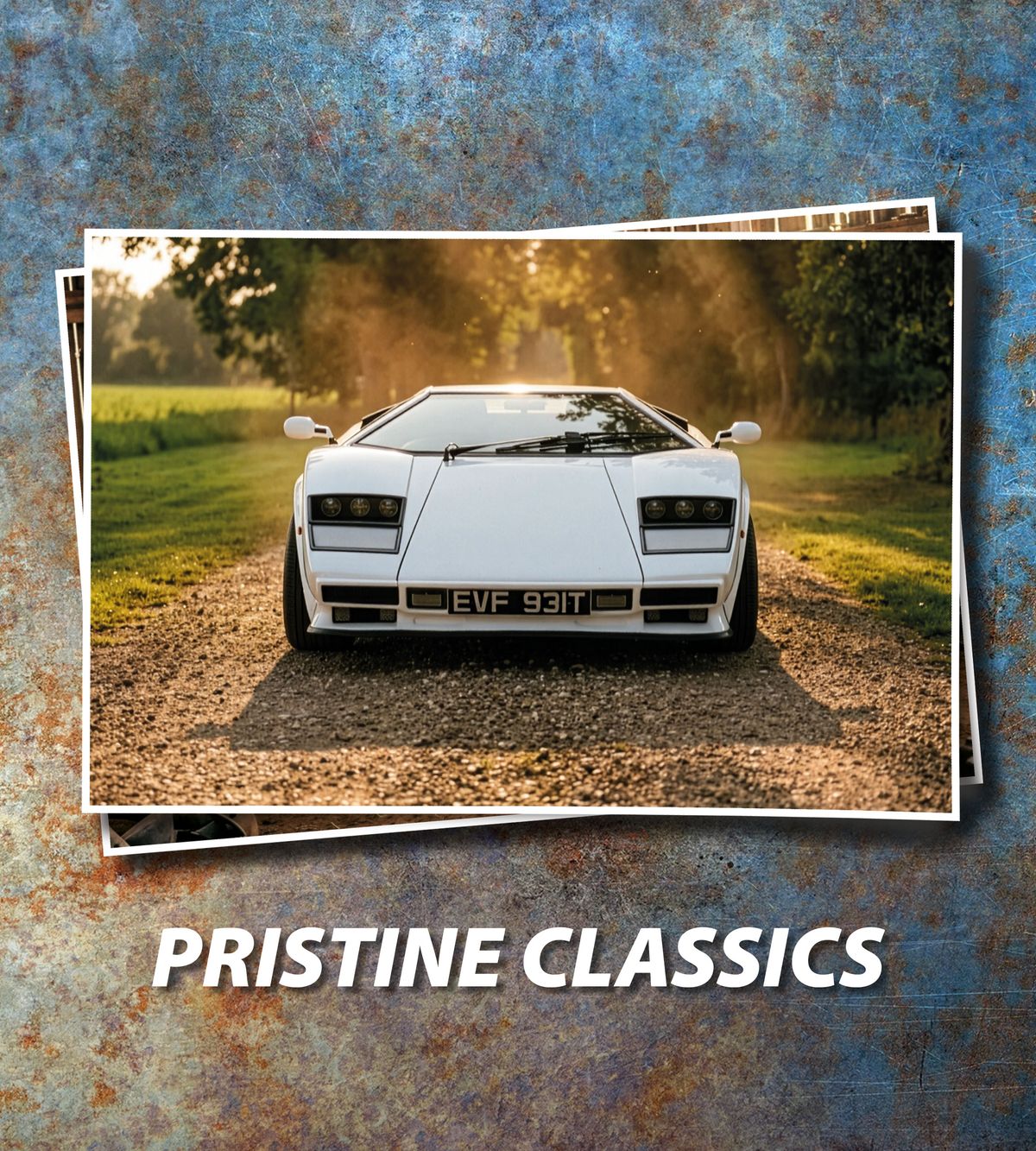 White Lamborghini Countach sitting on well manucured stone driveway