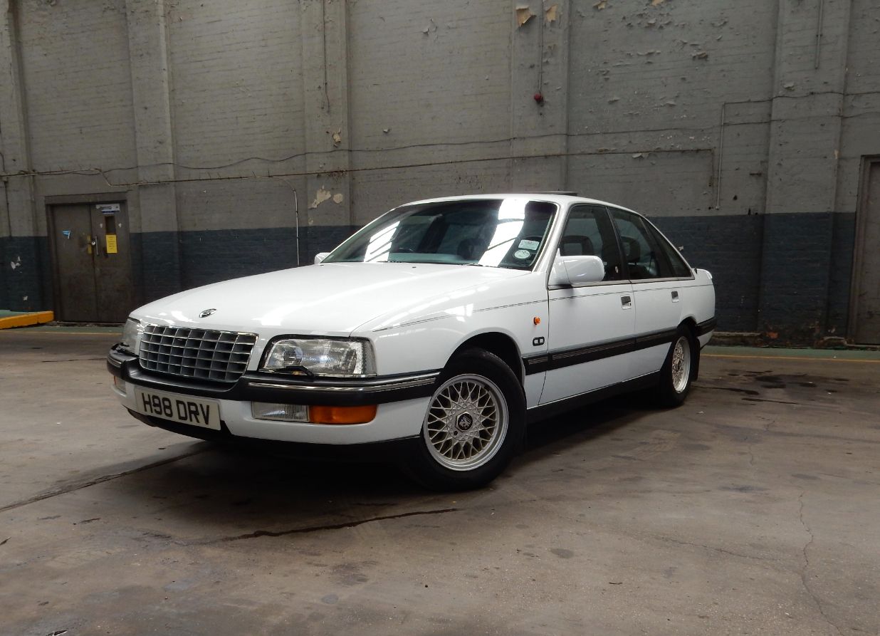 White Vauxhall Senator executive saloon car owned by Lee Armstrong on display for the Restoration Show.