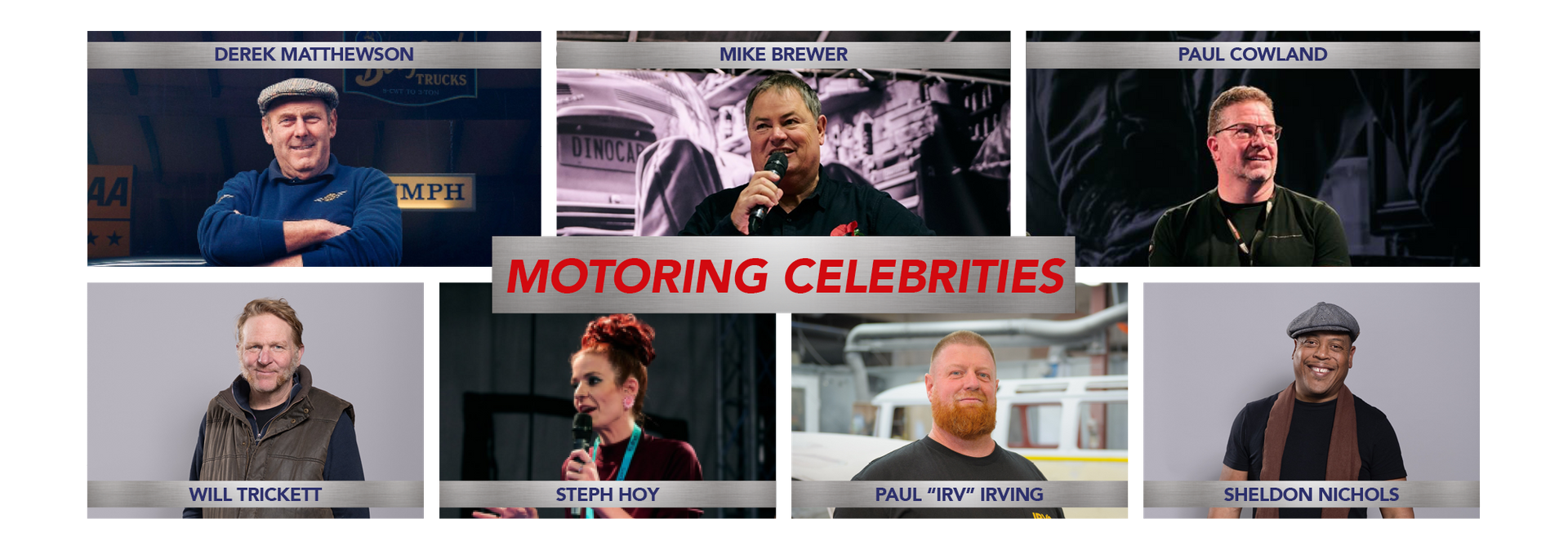 Panel of motoring celebrities including Mike Brewer, Derek Matthewson, and Paul Cowland at a classic car event.