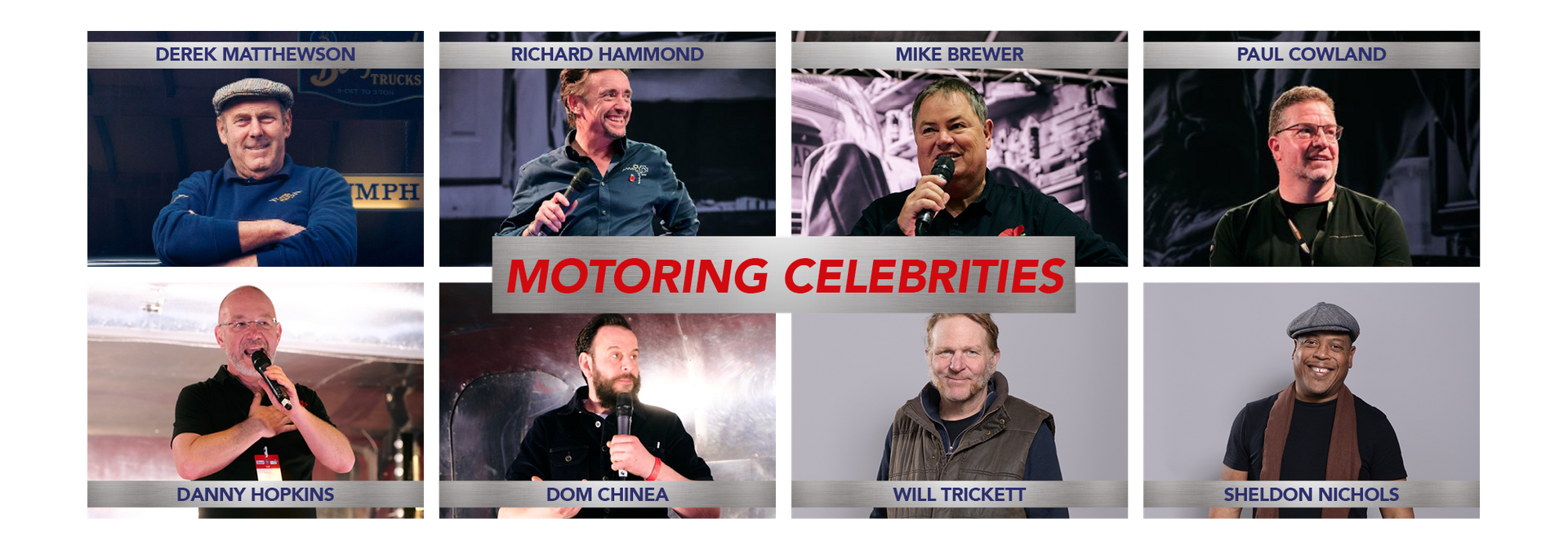 Panel of motoring celebrities including Richard Hammond, Mike Brewer, Derek Matthewson, Dominic Chinea, and Paul Cowland at a classic car event.