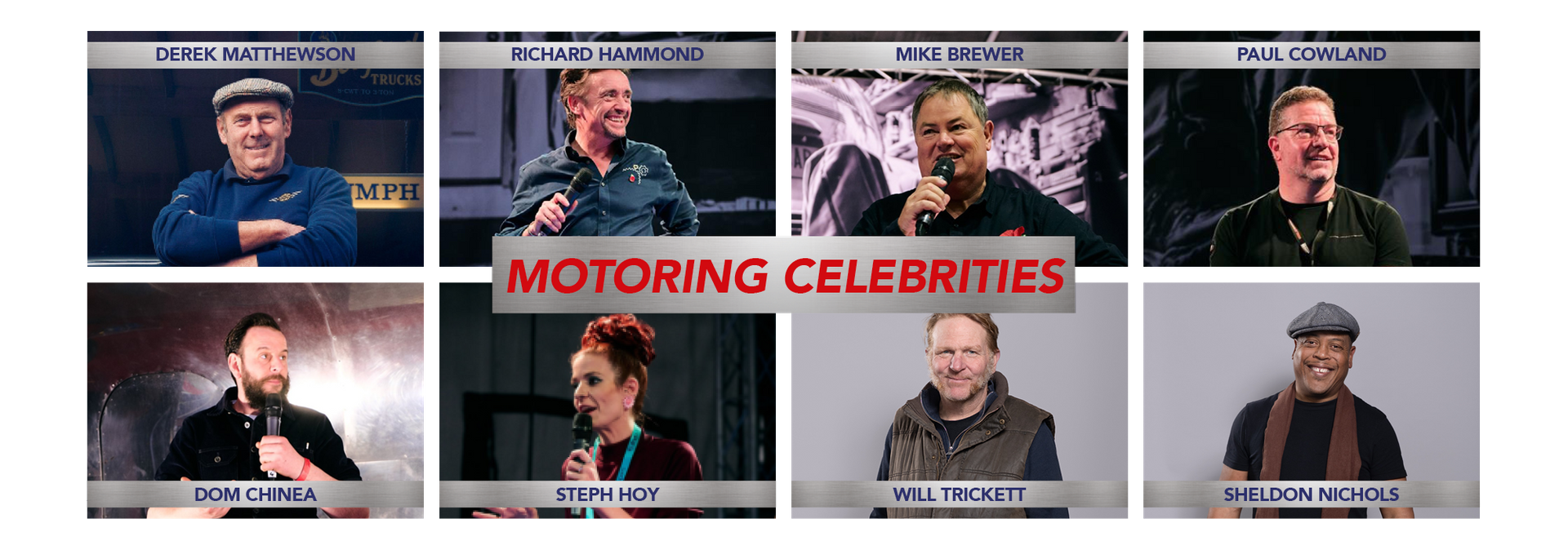 Panel of motoring celebrities including Richard Hammond, Mike Brewer, Derek Matthewson, Dominic Chinea, and Paul Cowland at a classic car event.