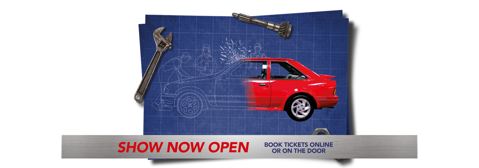 A red classic Ford Escort RS Turbo transitioning from a blueprint drawing to a real car, featured on a practical classic car restoration show banner with 
