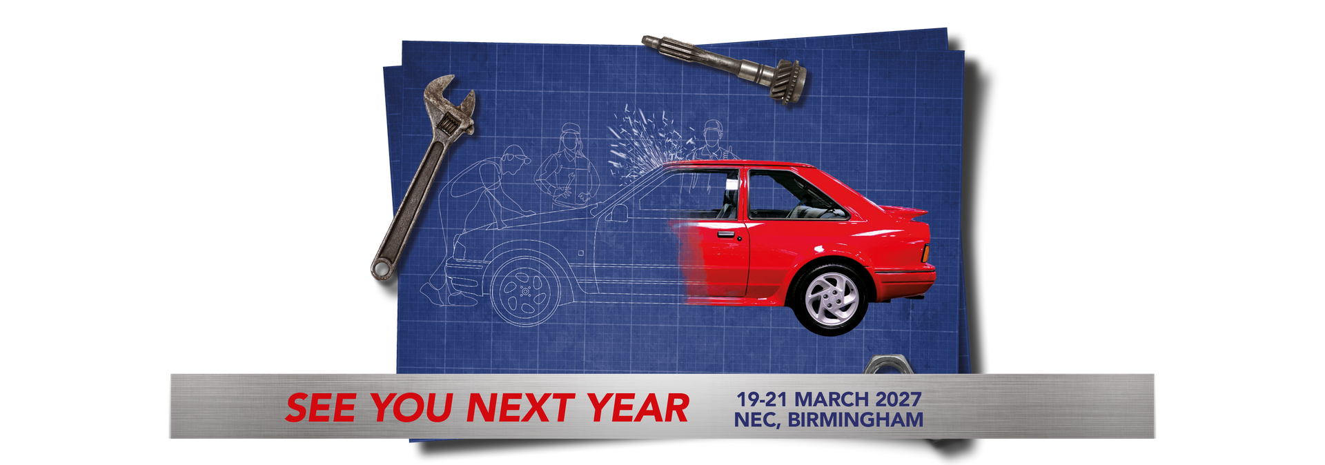 Promotional banner for a classic car restoration show at the NEC Birmingham, 19-21 March 2027, featuring a red Ford Escort transitioning from a blueprint sketch to a finished vehicle.