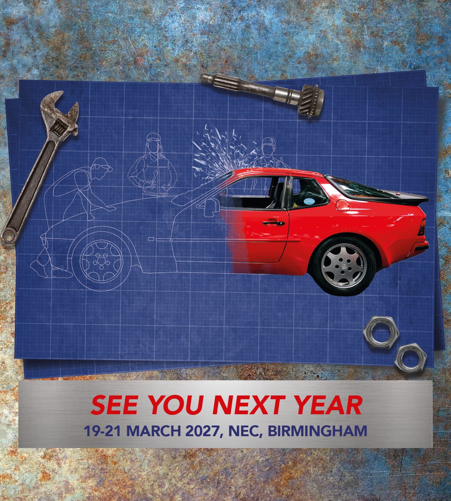 Promotional banner for a classic car restoration show at the NEC Birmingham, 19-21 March 2027, featuring a red Ford Escort transitioning from a blueprint sketch to a finished vehicle.