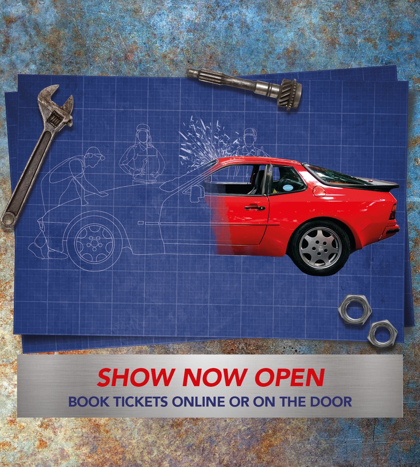 Classic red Porsche 944 restoration project displayed over a blue technical blueprint with a wrench and car parts—ideal for barn finds and resto projects.