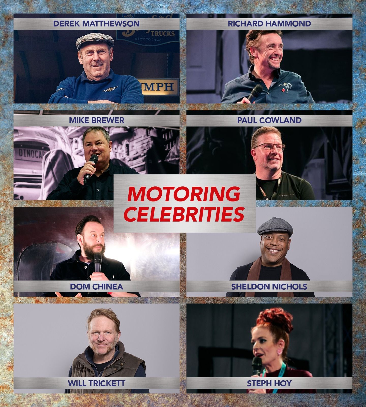 Panel of motoring celebrities including Richard Hammond, Mike Brewer, Derek Matthewson, Dominic Chinea, and Paul Cowland at a classic car event.