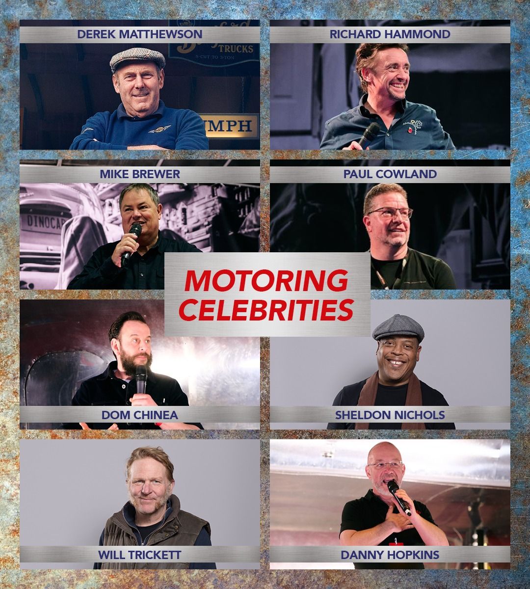 Panel of motoring celebrities including Richard Hammond, Mike Brewer, Derek Matthewson, Dominic Chinea, and Paul Cowland at a classic car event.