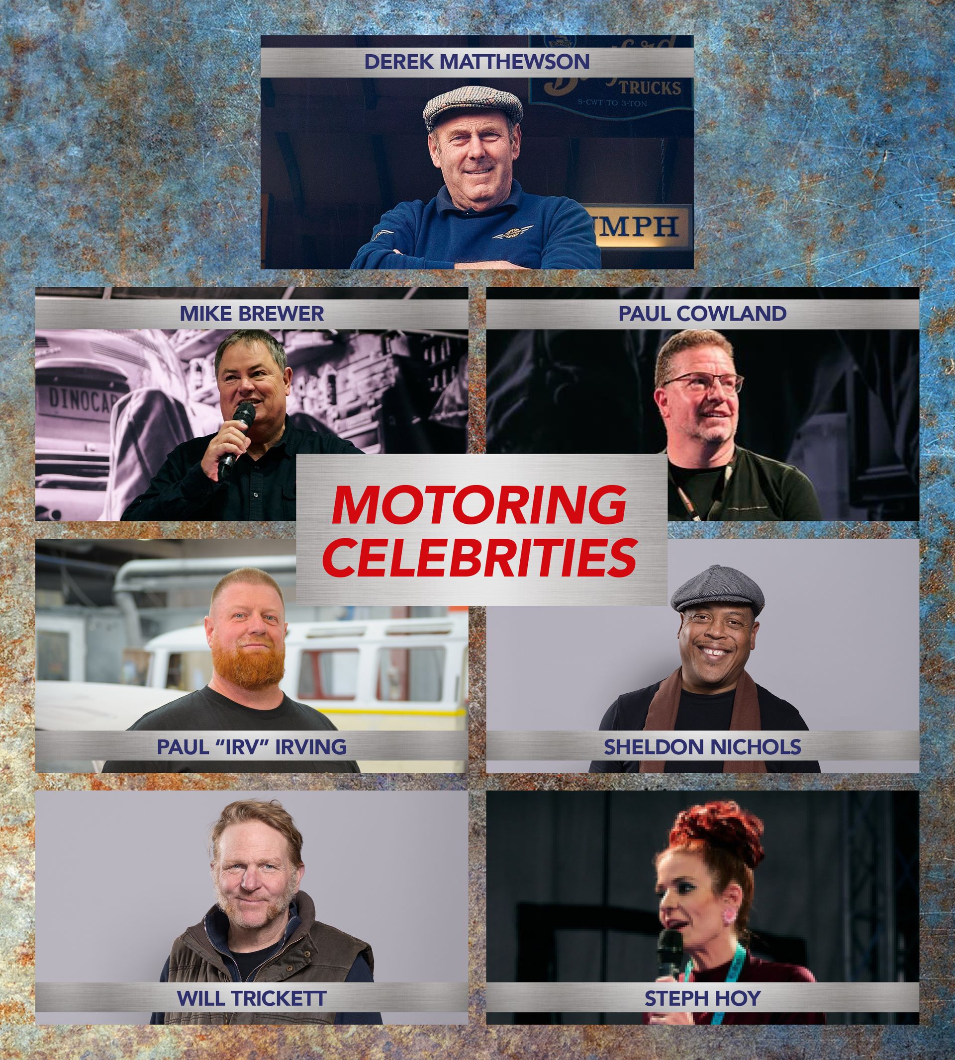 Panel of motoring celebrities including Mike Brewer, Derek Matthewson, and Paul Cowland at a classic car event.