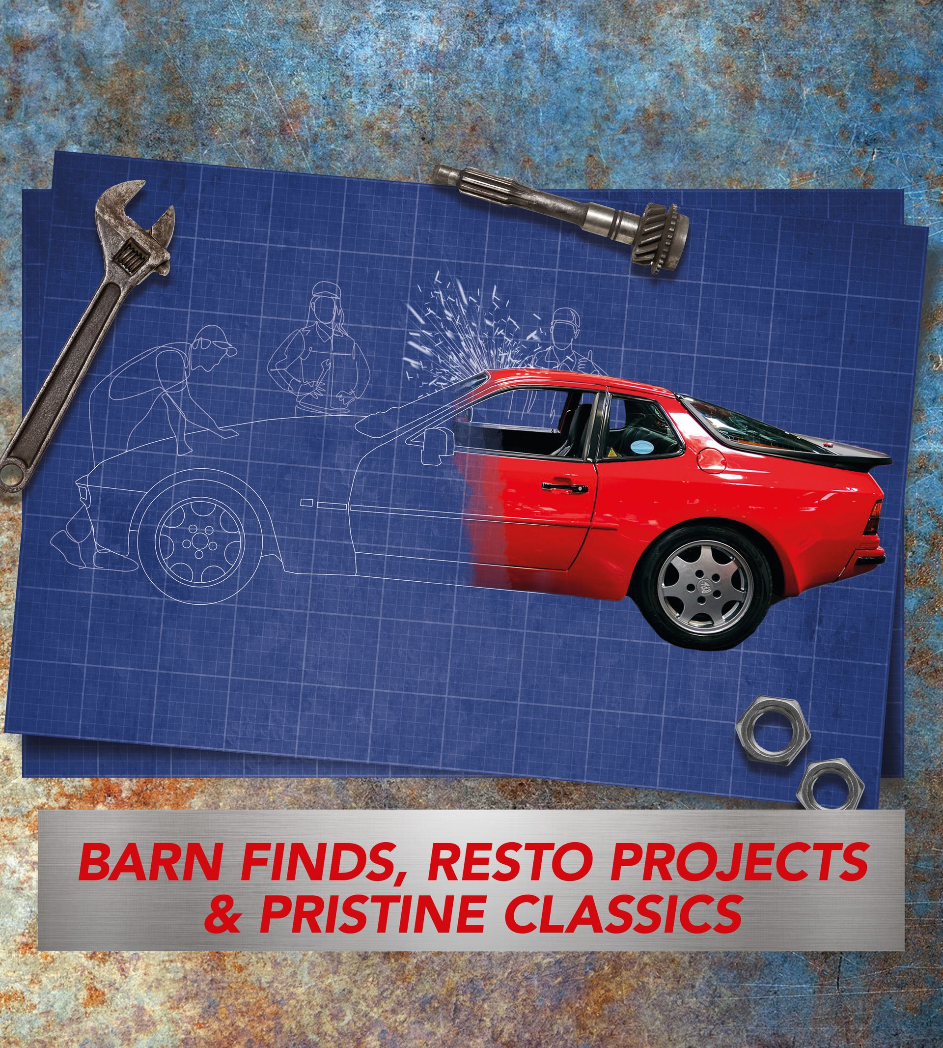 Classic red Porsche 944 restoration project displayed over a blue technical blueprint with a wrench and car parts—ideal for barn finds and resto projects.