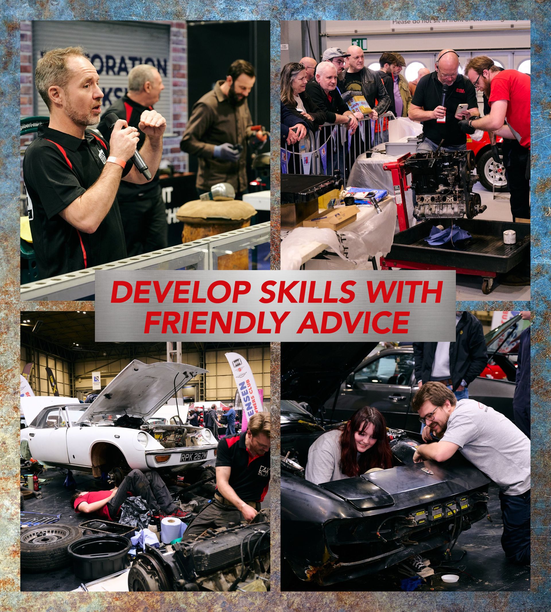 Live classic car restoration workshops and engine repair tutorials where enthusiasts develop skills with friendly expert advice.