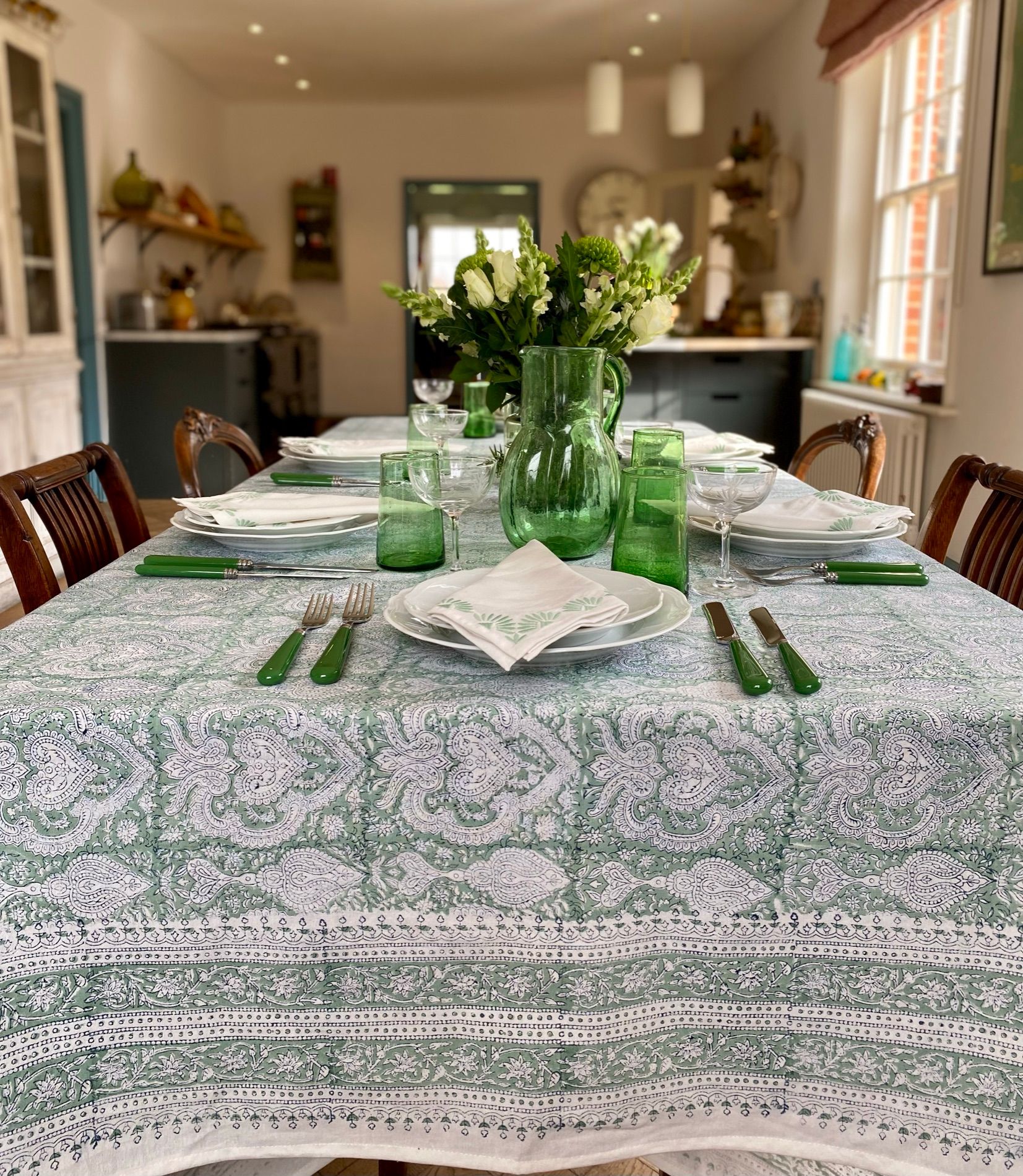 BAROQUE JADE Blockprint Tablecloth