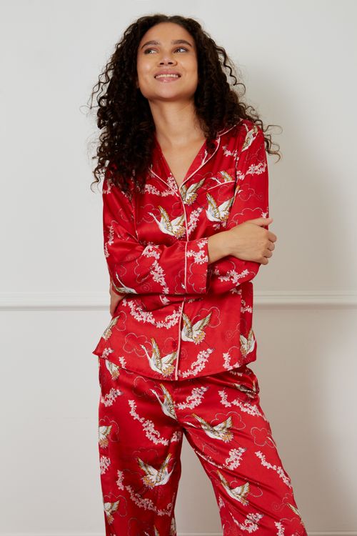 Traditional Satin Pyjama, Red Crane Blossom