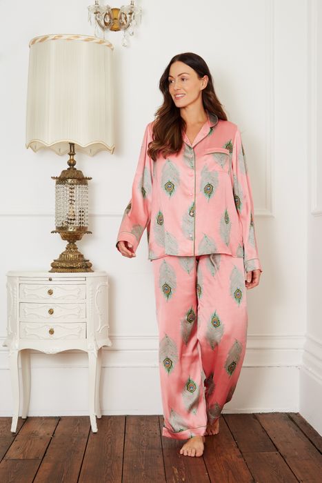 Traditional Satin Pyjamas, Peacock Print