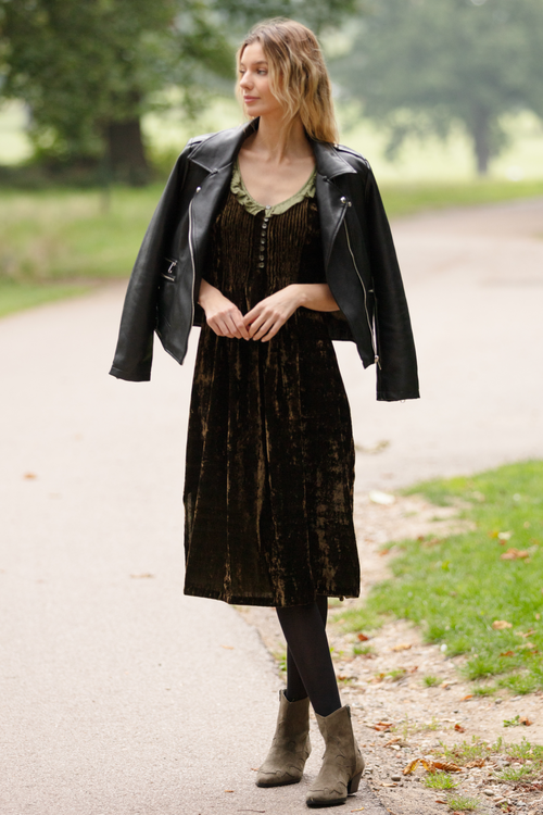 Silk Velvet Karen Dress in Forest Green