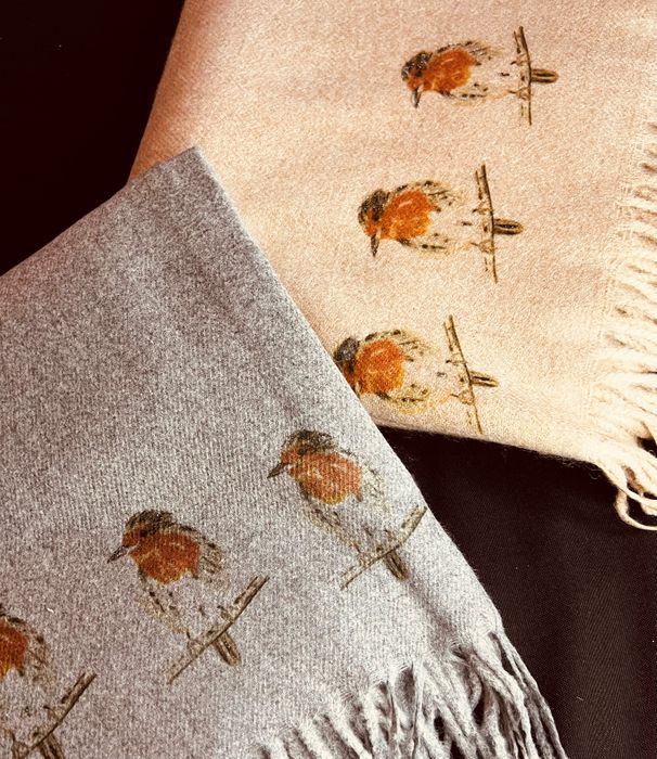 Cashmere Blend Scarves Handprinted with our original Festive Designs