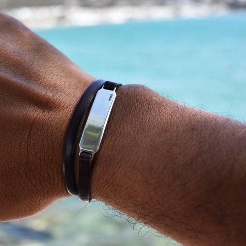 Silver ID tag leather strap bracelets