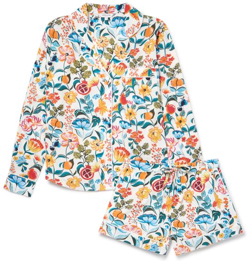 Women's Organic Cotton Long Sleeve Pyjama Short Set - Floral on White
