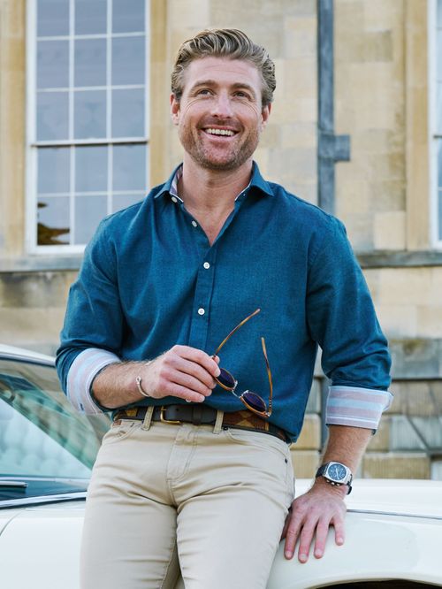 Teal Cotton-Merino Wool Blend Shirt with Kenyan Kikoy Detailing