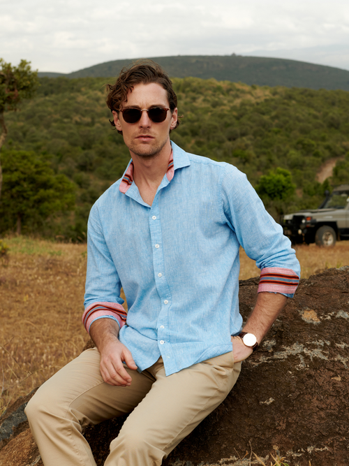 Anga Sky-Blue Linen Shirt with Kenyan Kikoy Fabric Detail