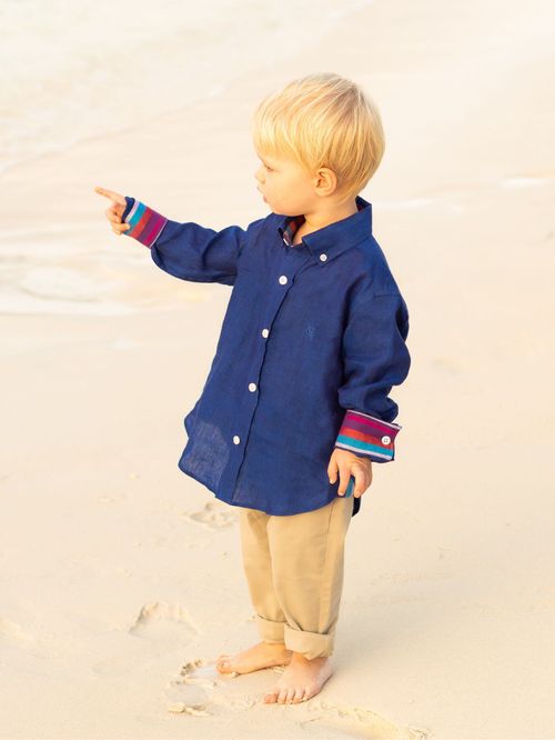 Boys Royal Blue Linen Shirt - Kenyan Kikoy Fabric detailing