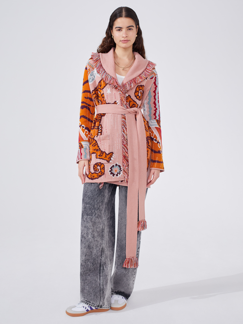 Tibetan Tiger Merino Jacquard Cardigan Pink