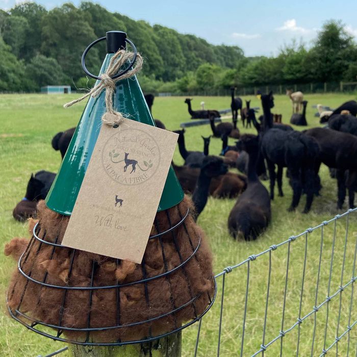 Pyramid bird nesting hanger filled with British Alpaca Fibre