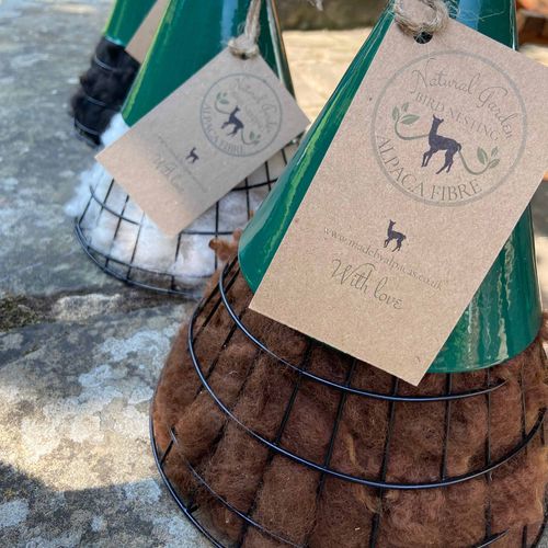Pyramid bird nesting hanger filled with British Alpaca Fibre
