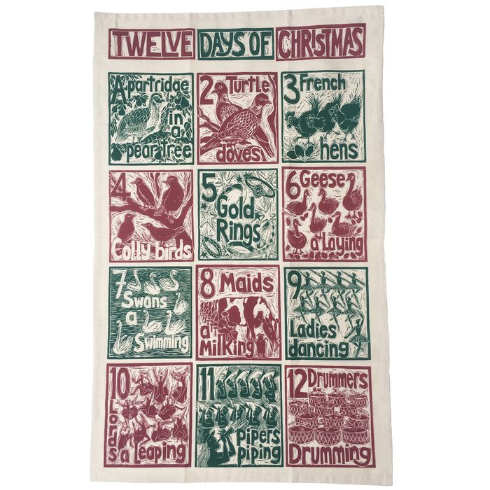 12 days of Christmas lino cut print organic cotton kitchen range