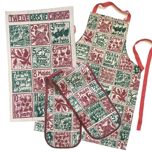 12 days of Christmas lino cut print organic cotton kitchen range