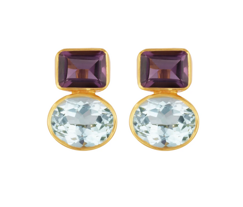 Cara Earrings - Amethyst and Blue Topaz - clip on earrings 