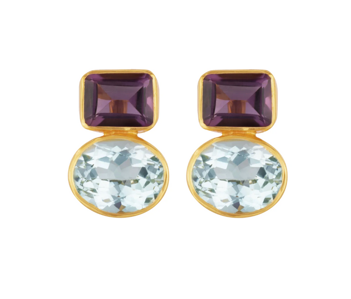 Cara Earrings - Amethyst and Blue Topaz - clip on earrings 