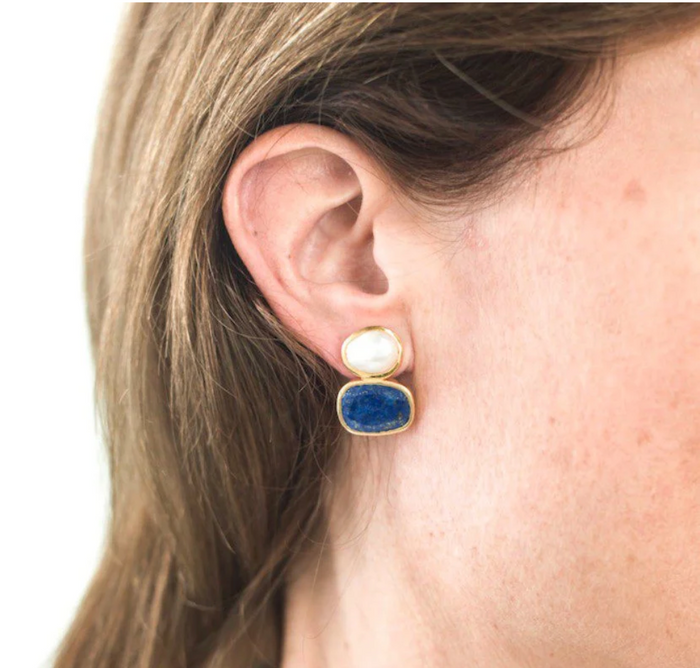 Indra Earrings Lapis and Pearl 