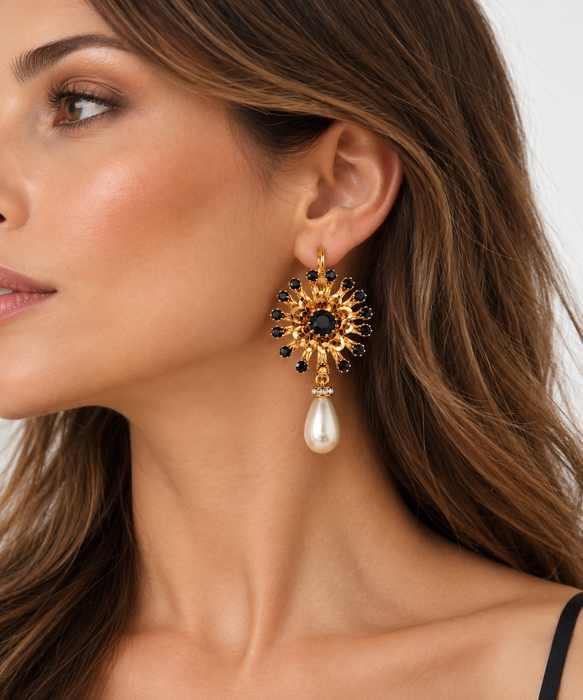 Black Crystal Sunburst & Pearl Drop Earrings