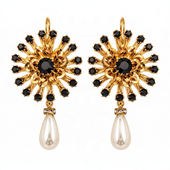 Black Crystal Sunburst & Pearl Drop Earrings